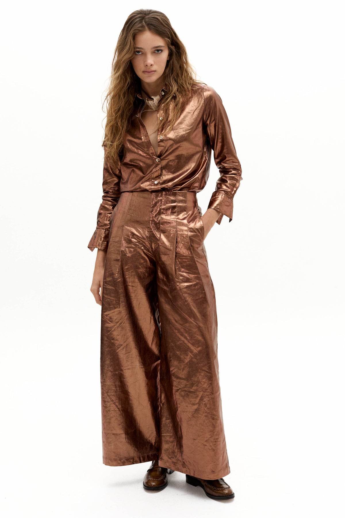 San Marino Metallic Linen Shirt - Chocolate