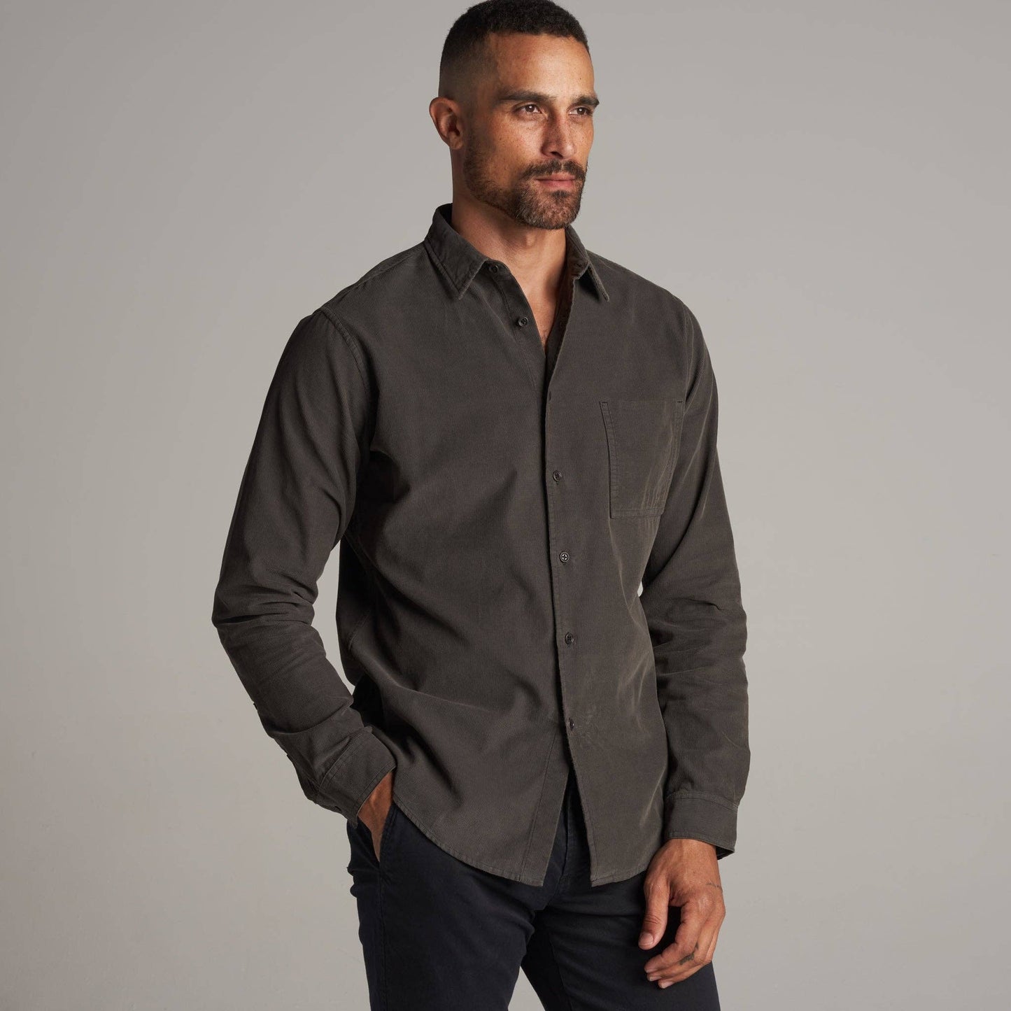 Nobel Fine Wale Cord Button Down Shirt: Color Cinder
