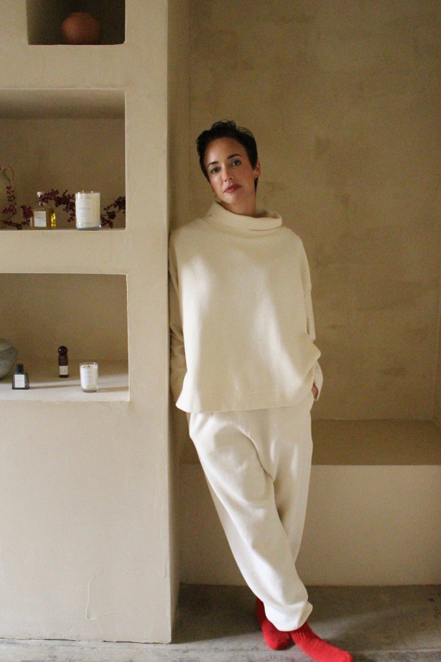 Mia Rippled Cotton Pullover - Cream and Faded Black