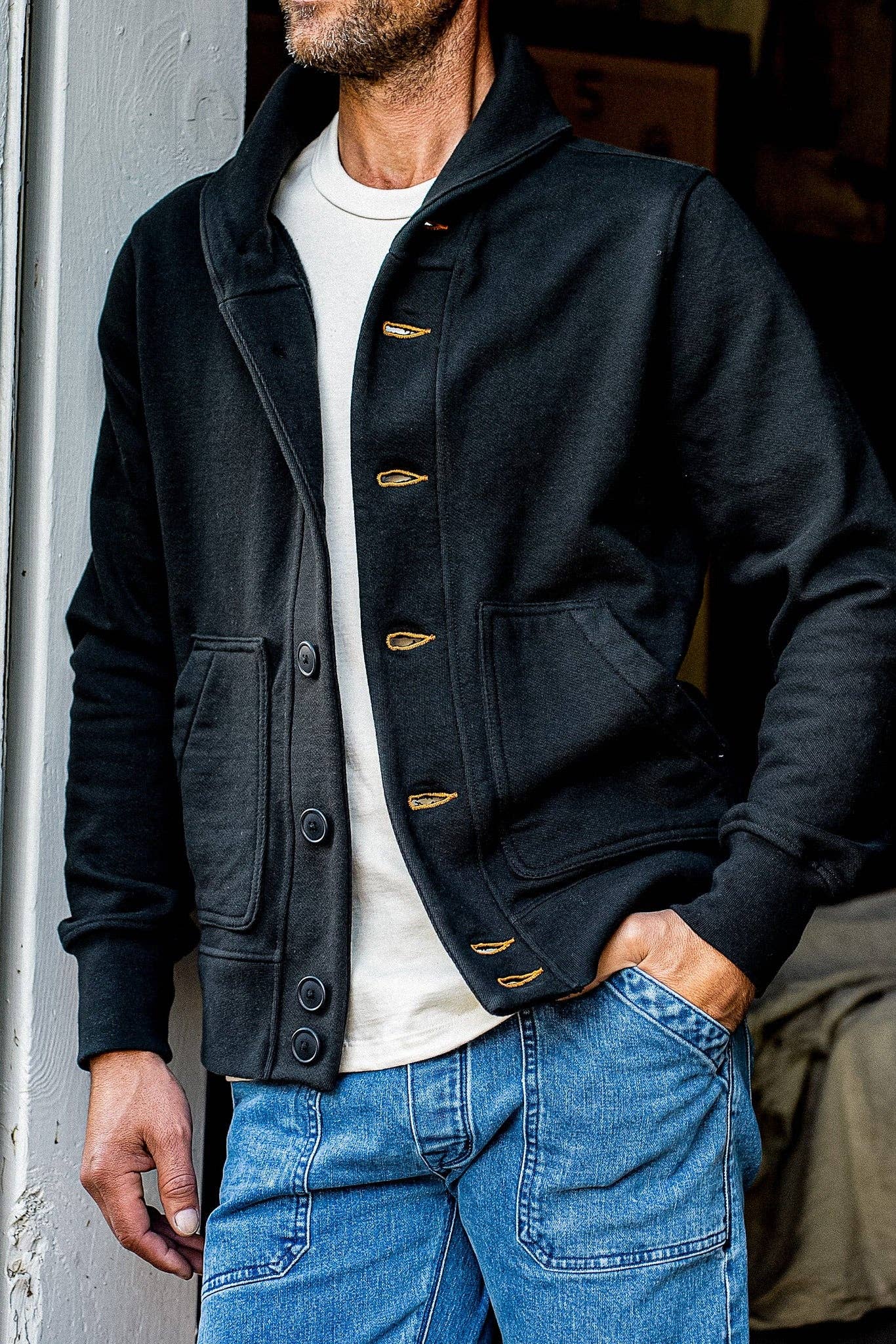 WiesMade - Men | Bodega Cardigan | 14oz 100% Cotton French Terry - Basalt: Basalt / L