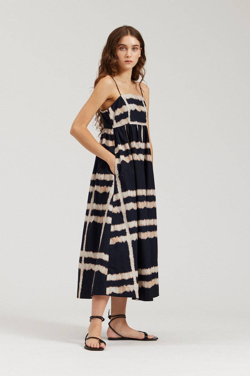 there. elsewhere - Empire Waist Cotton Print Dress: Ink / Small