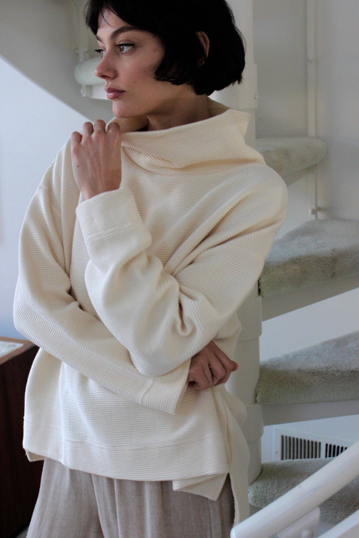 Mia Rippled Cotton Pullover - Cream and Faded Black