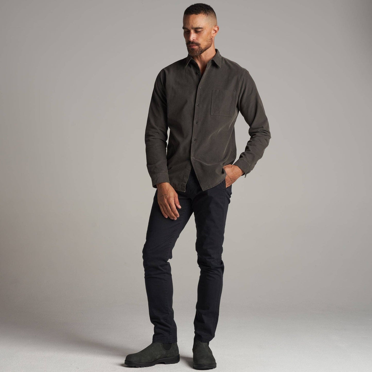 Nobel Fine Wale Cord Button Down Shirt: Color Cinder