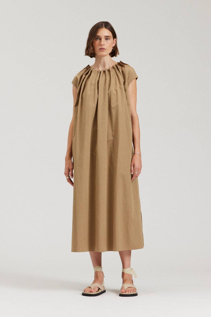 there. elsewhere - Pleated Neckline A-line Dress: Safari / Small/Medium