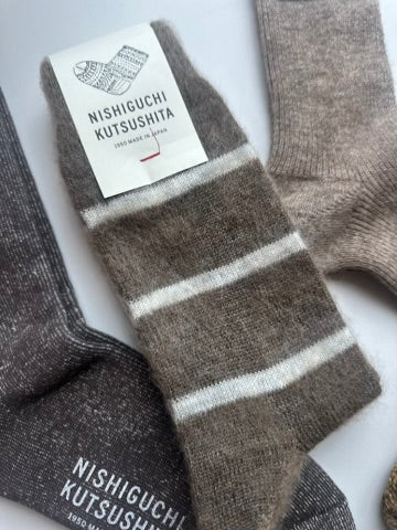 NISHIGUCHI KUTSUSHITA - NK0703 Mohair Wool Border Socks: Beige / S (USM5-7/USW6-8/EUR36-40)