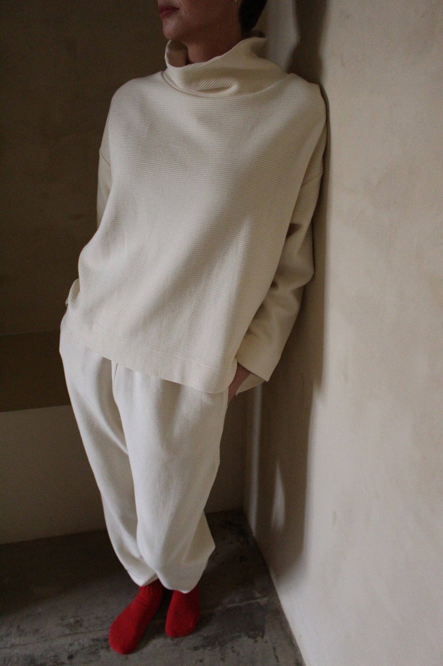 Mia Rippled Cotton Pullover - Cream and Faded Black