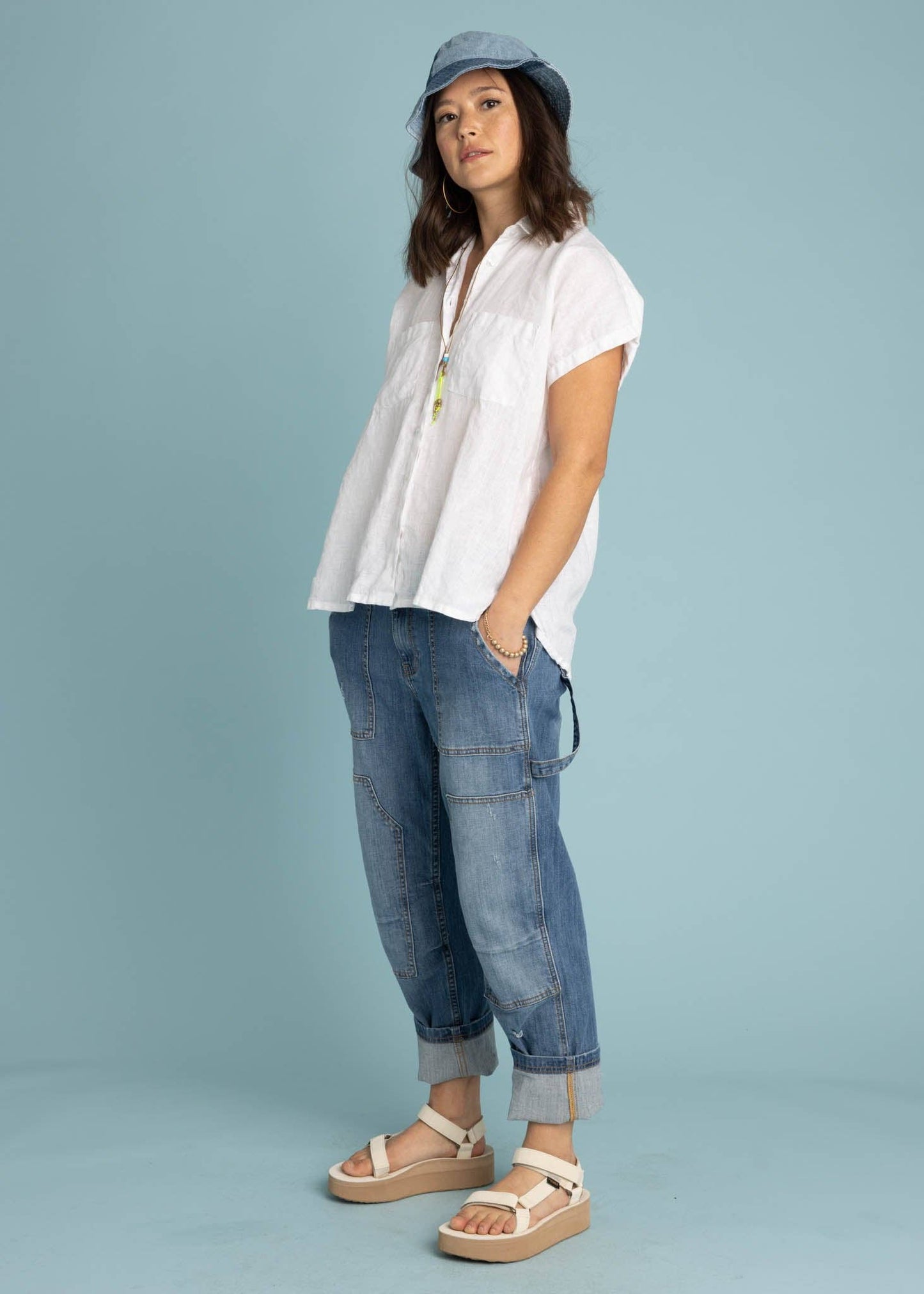 Linen Cap Sleeve Spring Shirt Large-XL