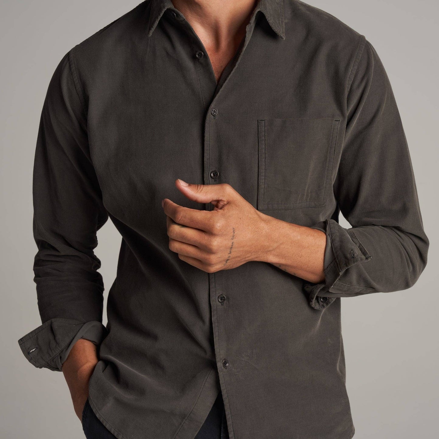 Nobel Fine Wale Cord Button Down Shirt: Color Cinder