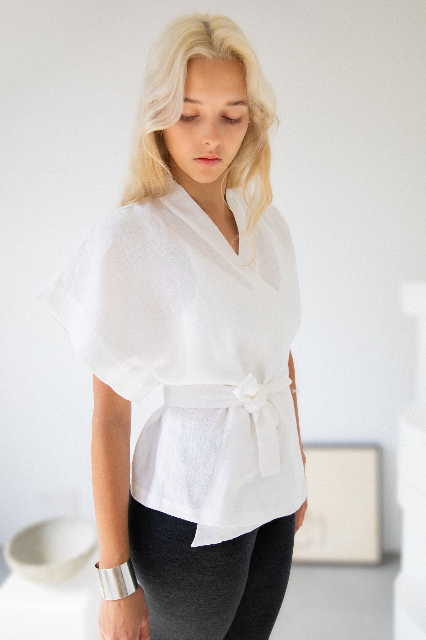 Eiko Kimono Wrap Top in White Linen
