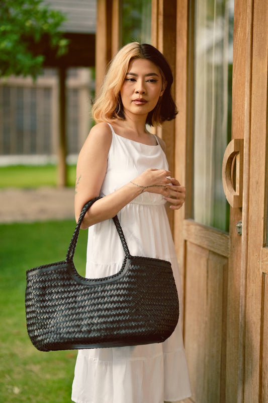 Pink Haley - Jolene Handwoven Leather Tote : Black
