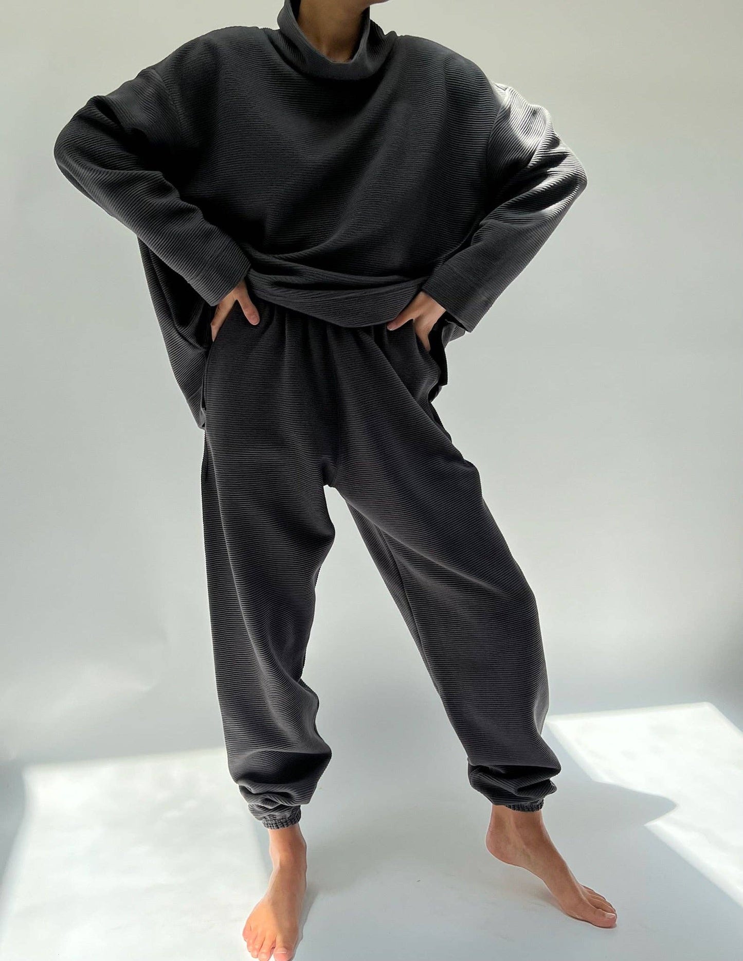 Mia Rippled Cotton Pullover - Cream and Faded Black