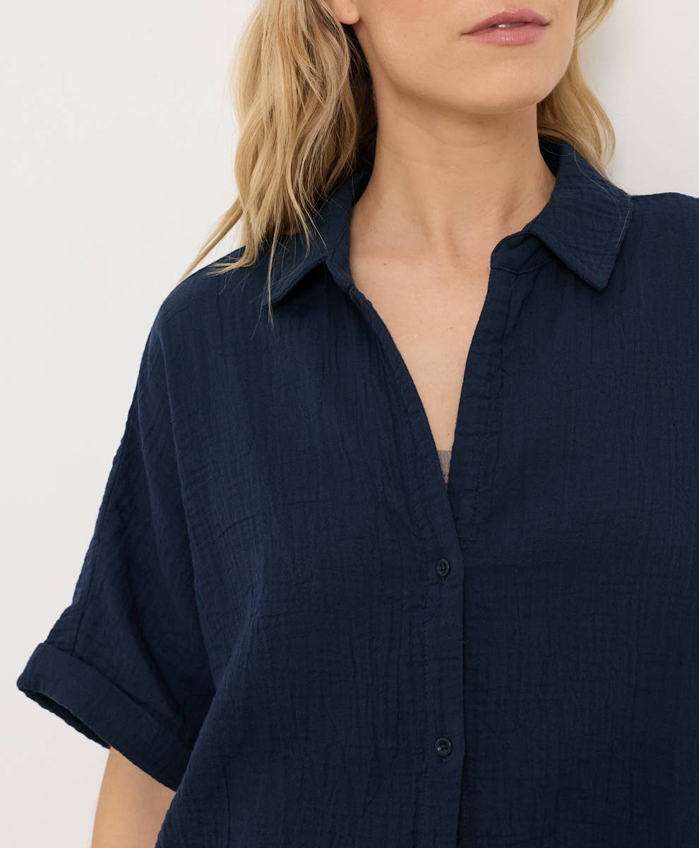 Pact - Women's Coastal Double Gauze Relaxed Shirt: Navy / Medium