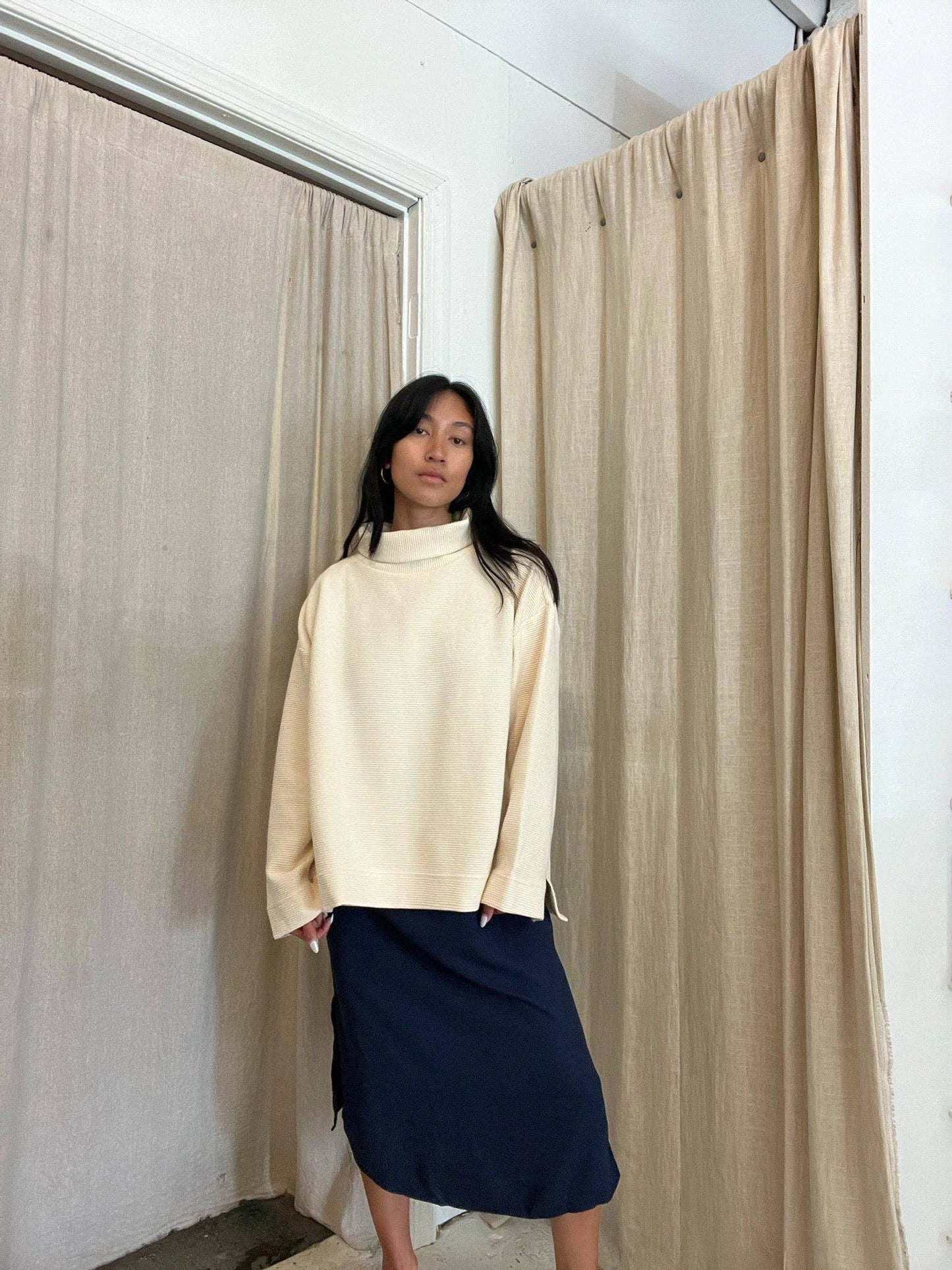 Mia Rippled Cotton Pullover - Cream and Faded Black