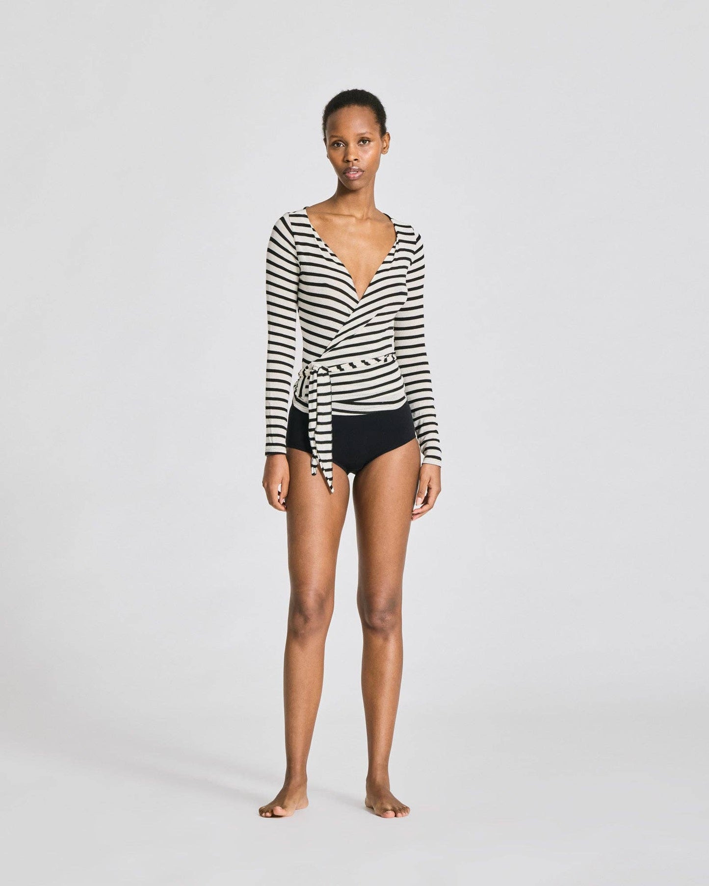 Signe Striped Wrap L/S Wool Top - Ecru / Black Sailor Stripe: L