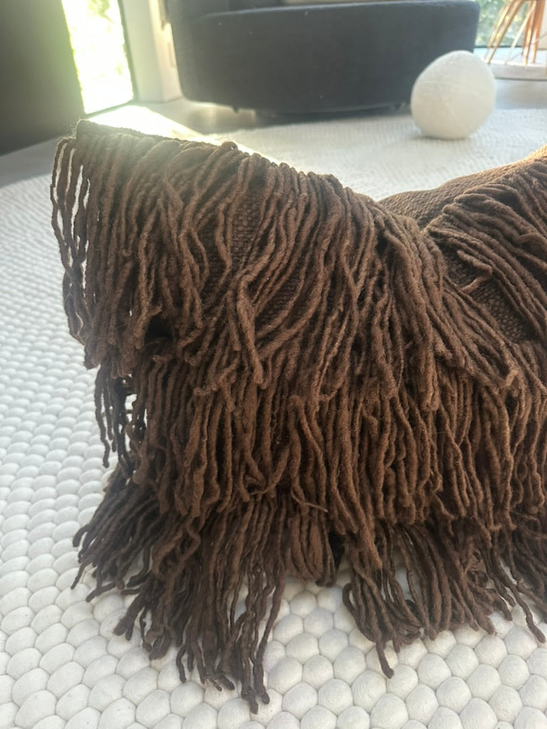 Tobacco Leaf fringed woolen pillow from Chile