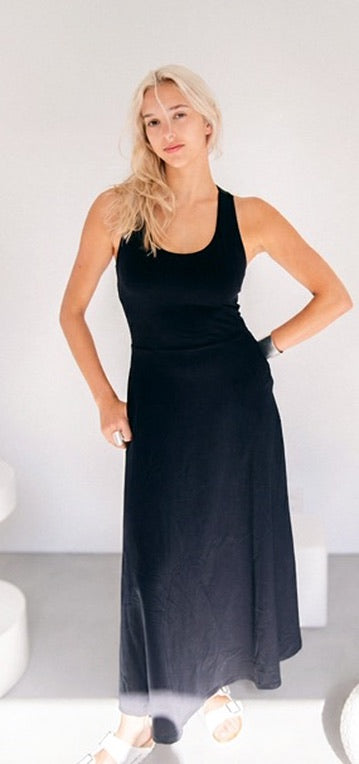 Pact - Women's Fit & Flare Open Back Maxi Dress: Black / Medium