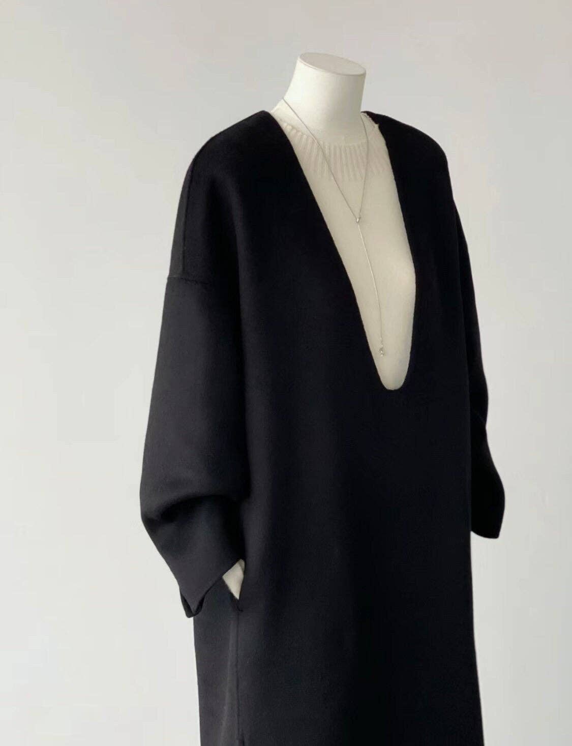 Soul Minimalist V-neck Wool Coat / Dress - Black