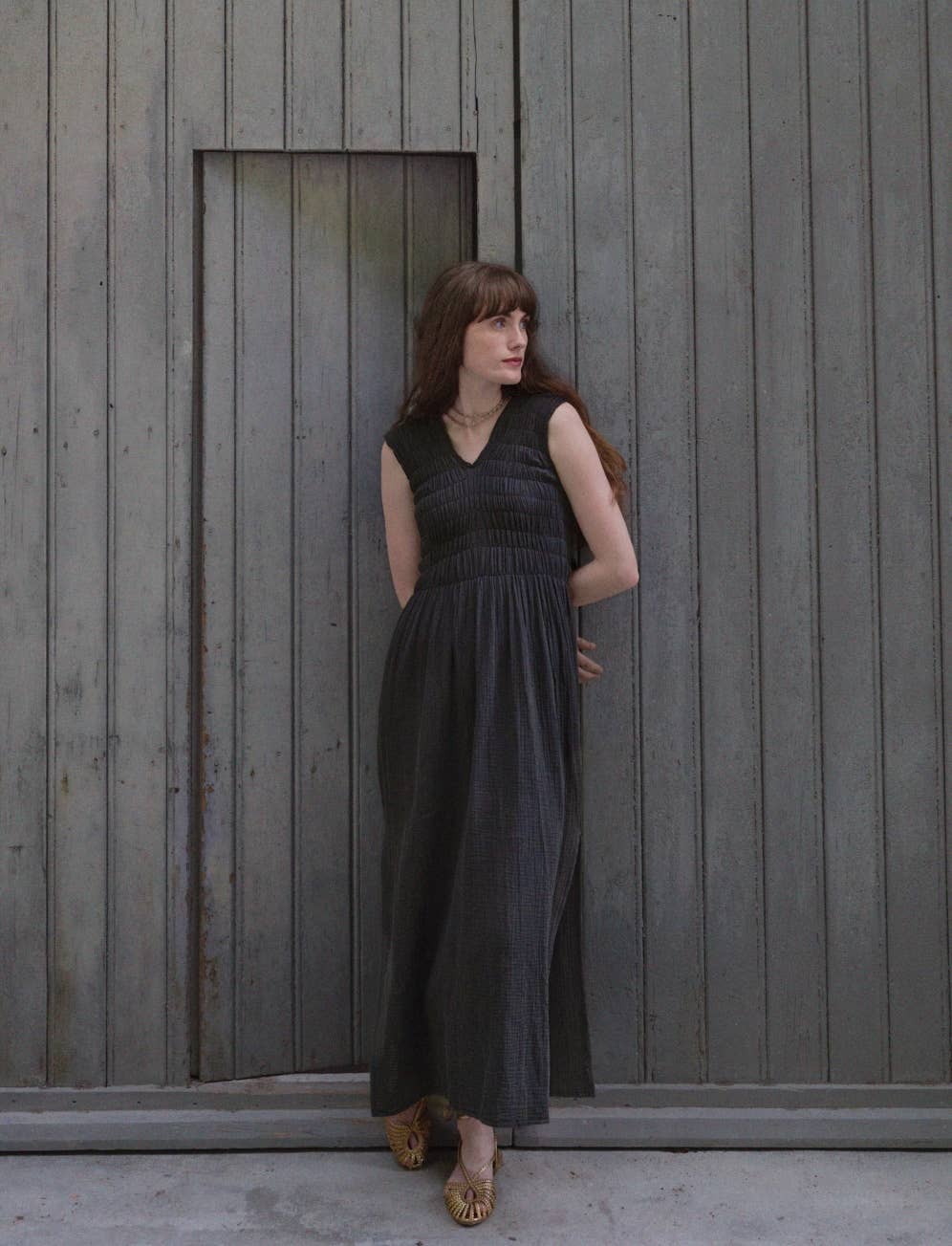 CECILIA SÖRENSEN - 736 ALBAZER V-neck dress in organic cotton muslin: Beige