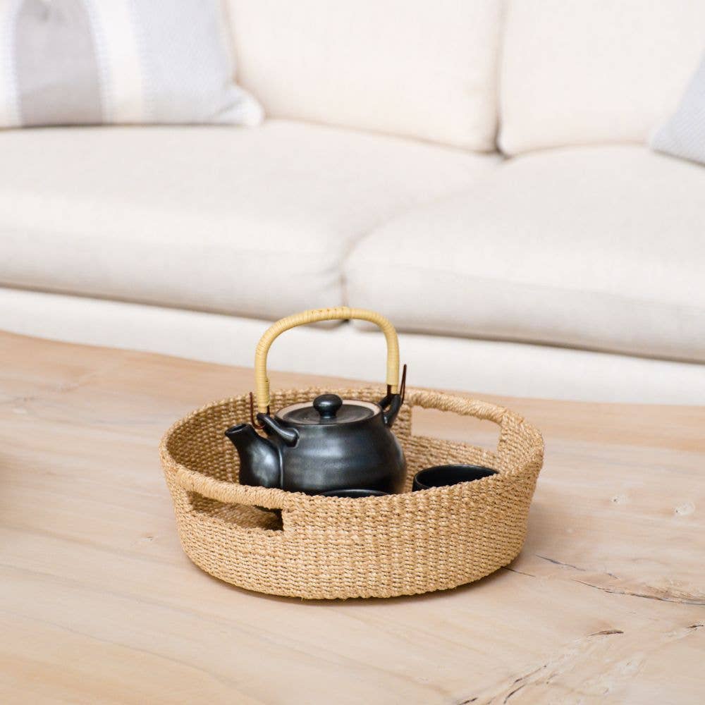 Circular Shallow Handle Hemp Straw Basket