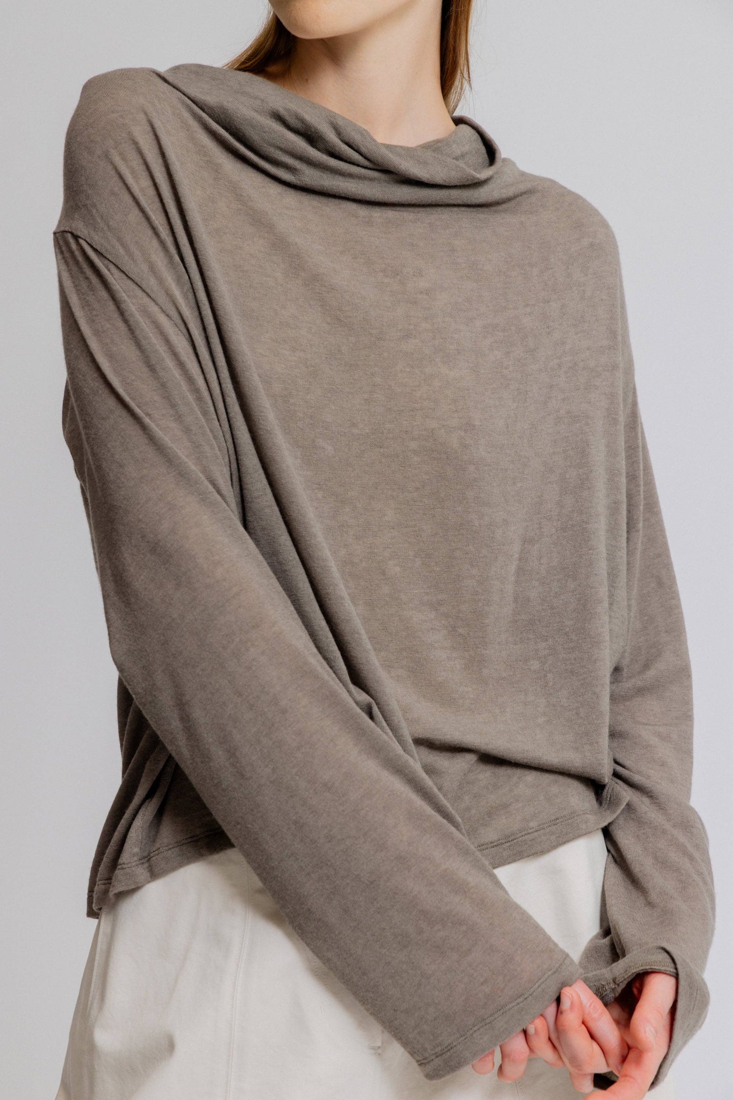 Draped Funnel Neck Stretch Jersey Top: Haze