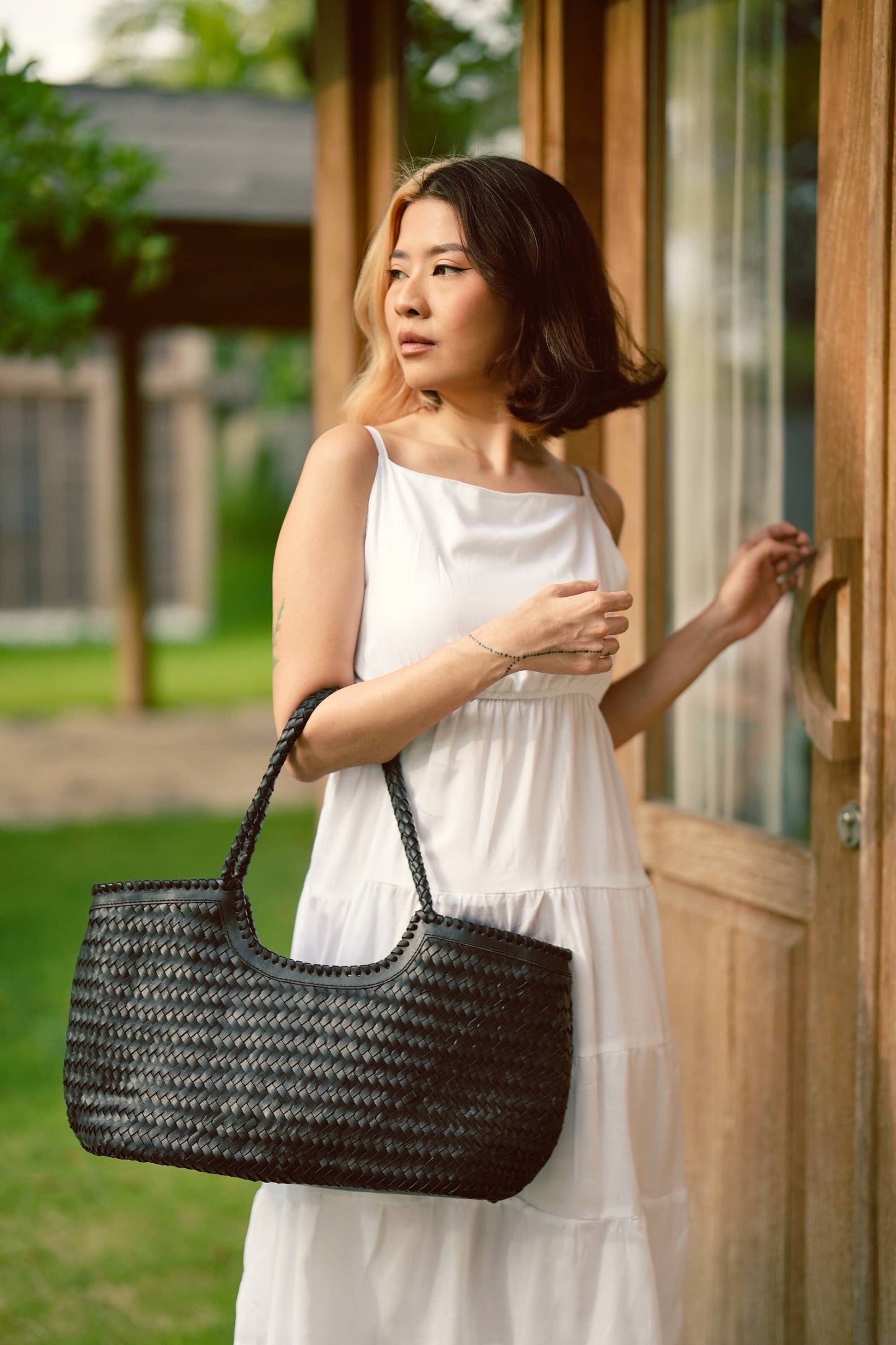 Pink Haley - Jolene Handwoven Leather Tote : Black