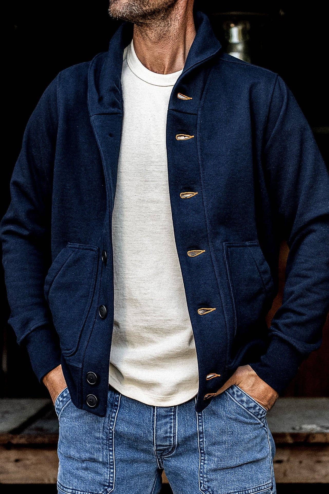 WiesMade - Men | Bodega Cardigan | 14oz 100% Cotton French Terry - Navy: Navy / L