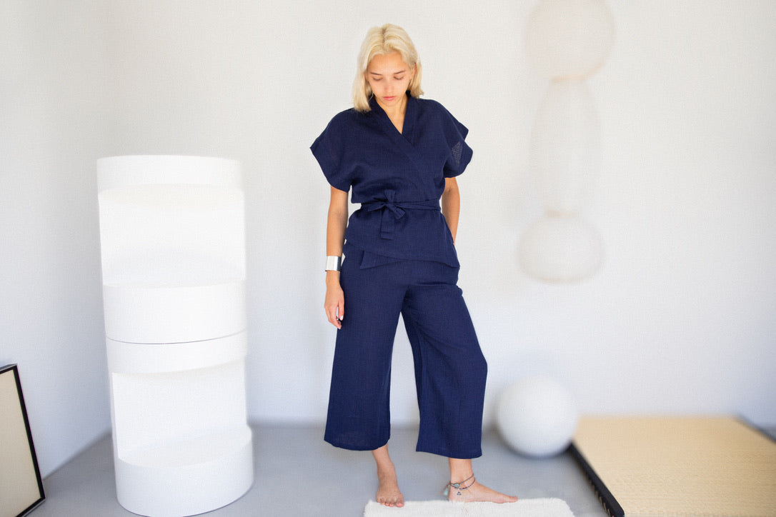 Rikkah Wide Leg Pants in Indigo Linen
