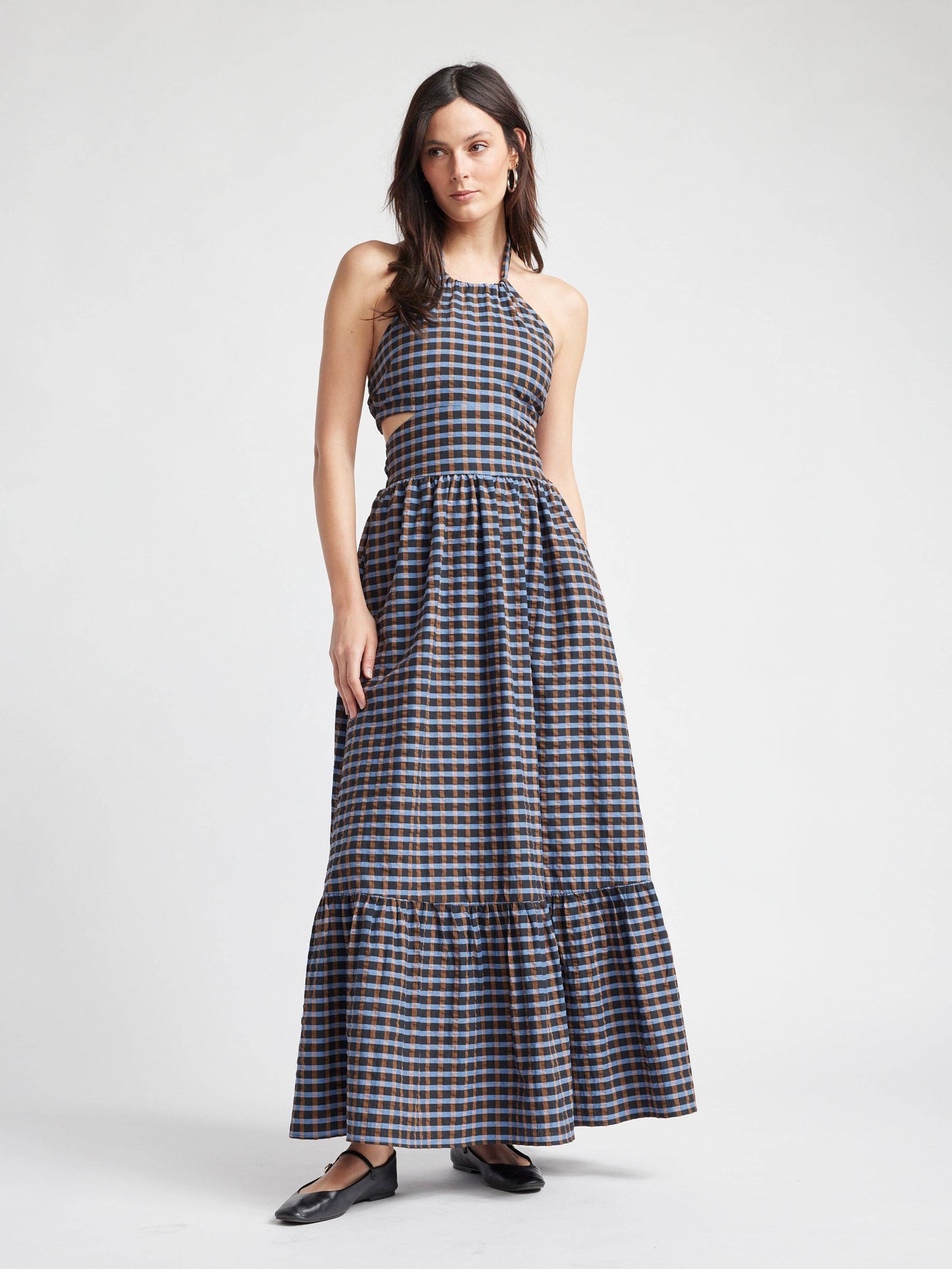 Self Contrast - Isolde Maxi Cut Out Dress: Blue Brown Checkers / L
