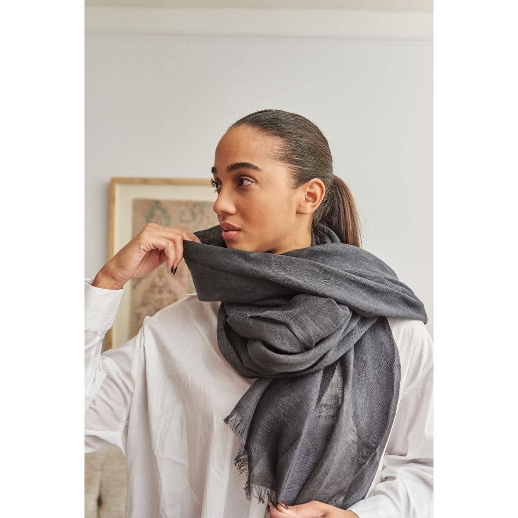 MIdnight Gray Linen Silk Handwoven Scarf: