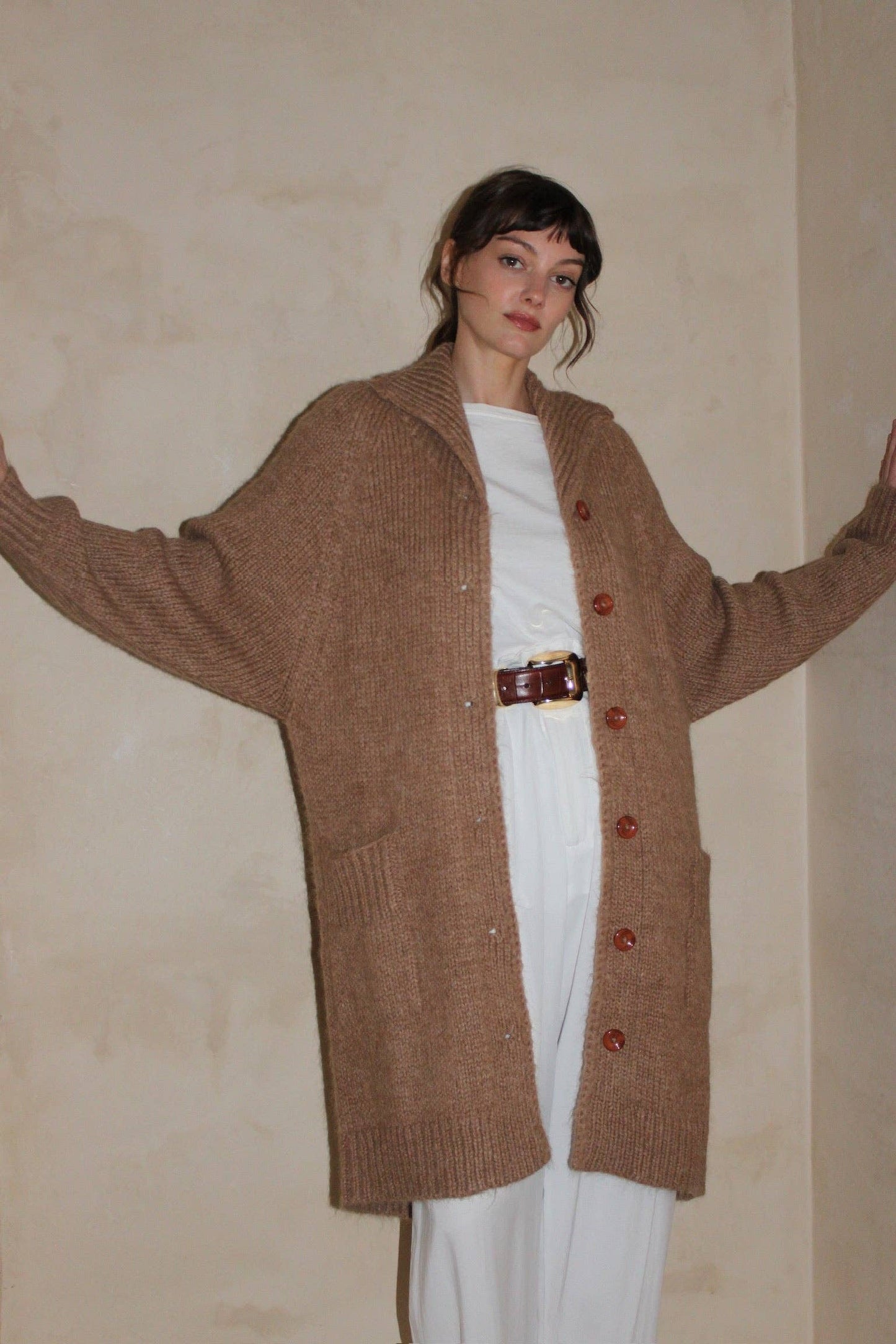 Na Nin - Martie Knitted Suri Alpaca Coat: Jute / O/S