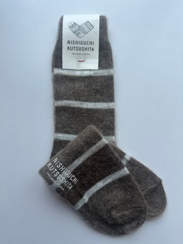 NISHIGUCHI KUTSUSHITA - NK0703 Mohair Wool Border Socks: Beige / L (USM9.5-12/USW10.5-13/EUR43-46)