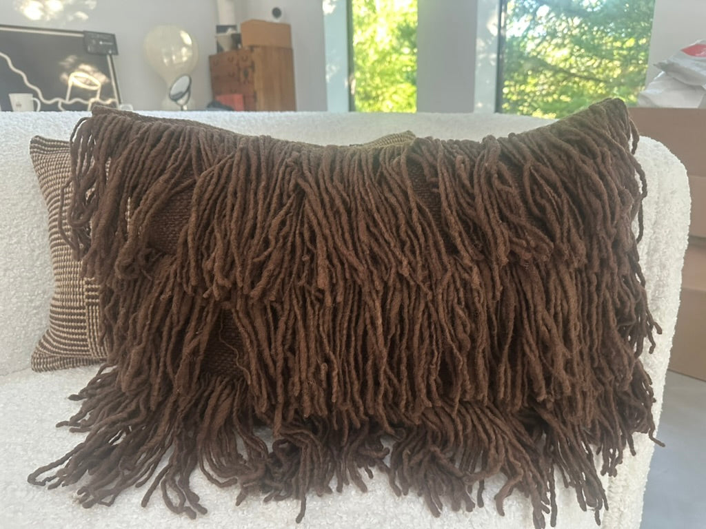 Tobacco Leaf fringed woolen pillow from Chile