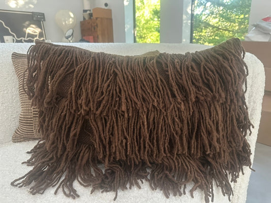 Tobacco Leaf fringed woolen pillow from Chile