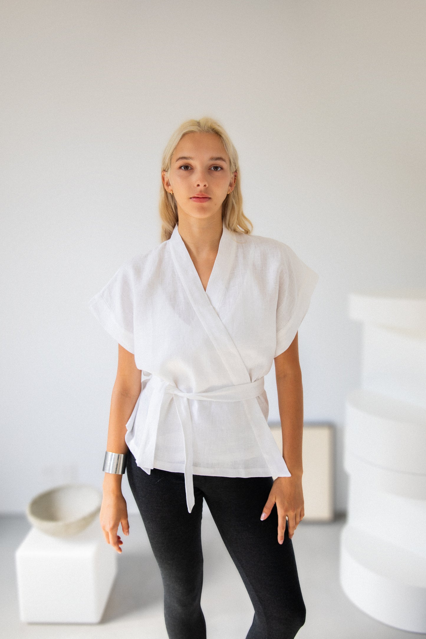 Eiko Kimono Wrap Top in White Linen