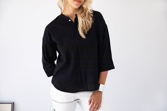 Flat Thin Collar Button Up, Organic Cotton Tamaki Niime
