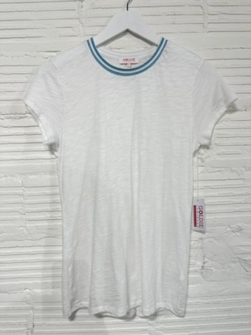 Goldie Lewinter Metallic Tipped Slub White Cotton Cap Sleeve Tee