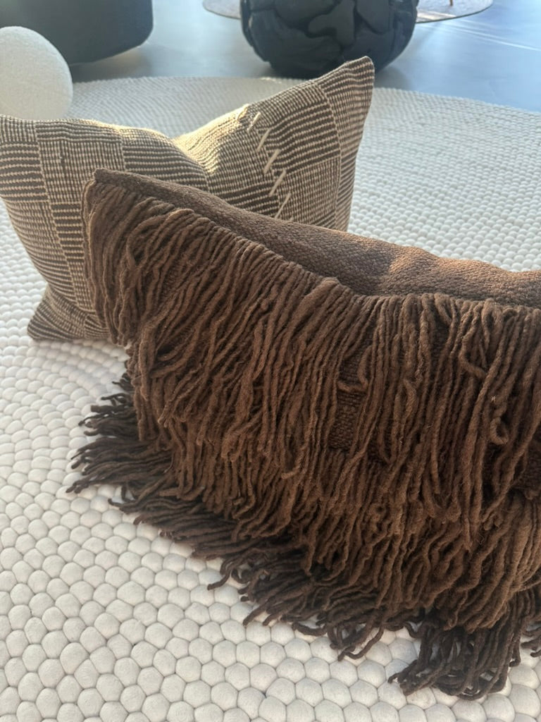 Tobacco Leaf fringed woolen pillow from Chile