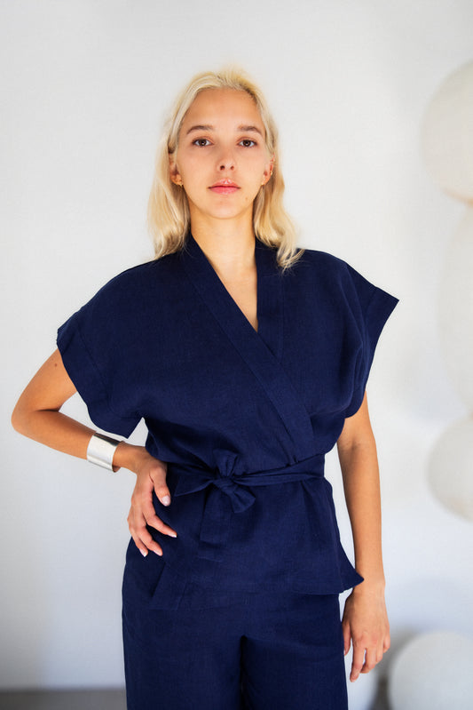 Eiko Linen Kimono Top: Indigo Blue