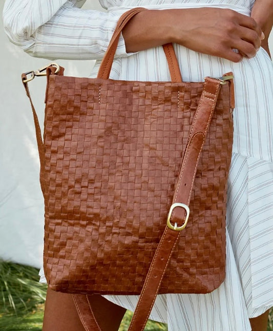 Otti Woven Crossbody Tote in Leather Waxed Paper