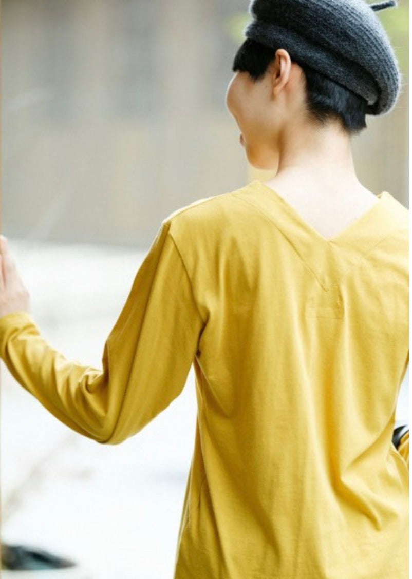 V-Neck Long Sleeve Mustard Cotton Top