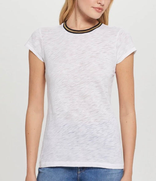 Goldie Lewinter Metallic Tipped Slub White Cotton Cap Sleeve Tee