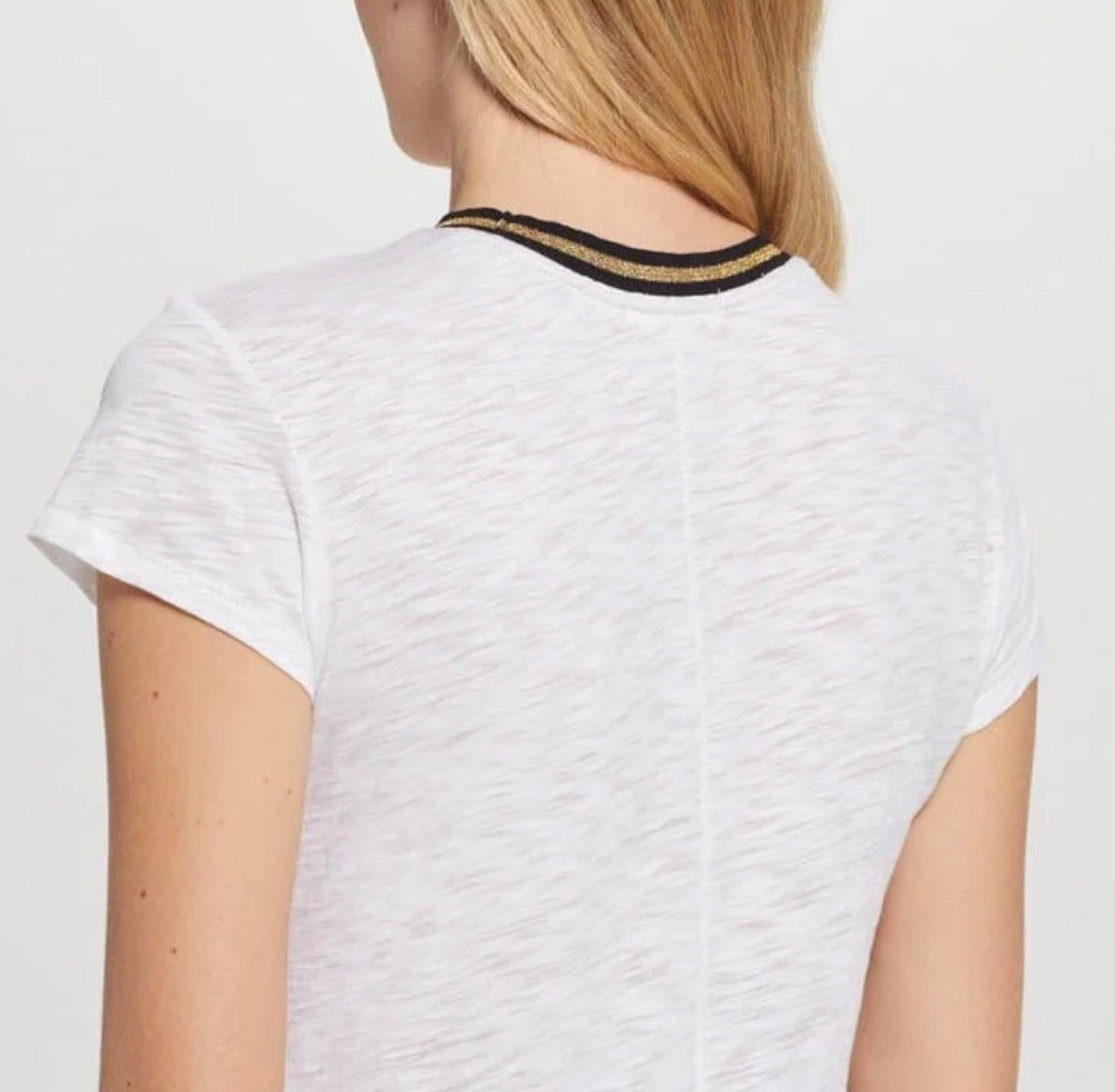 Goldie Lewinter Metallic Tipped Slub White Cotton Cap Sleeve Tee