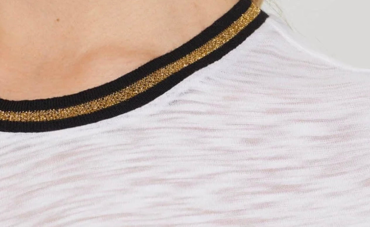 Goldie Lewinter Metallic Tipped Slub White Cotton Cap Sleeve Tee