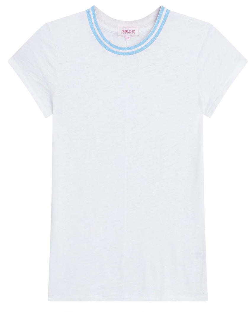 Goldie Lewinter Metallic Tipped Slub White Cotton Cap Sleeve Tee