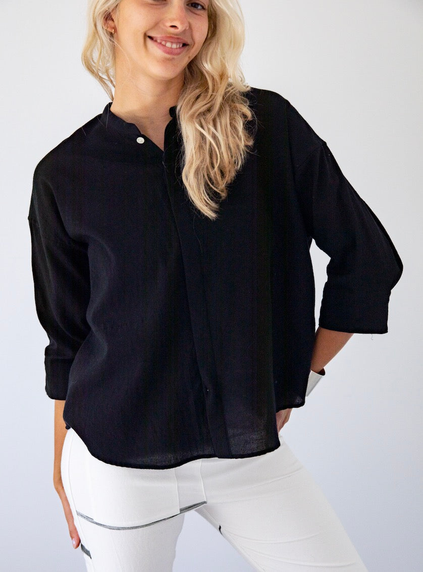 Flat Thin Collar Button Up, Organic Cotton Tamaki Niime