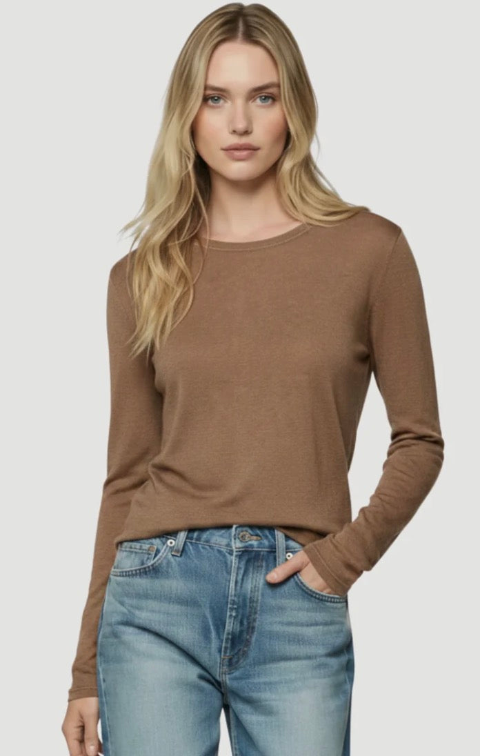 Washable Cashmere Long Sleeve Heaven Knit in Bison and Chocolate