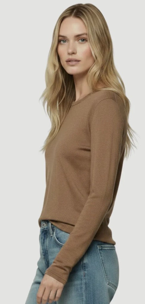 Washable Cashmere Long Sleeve Heaven Knit in Bison and Chocolate