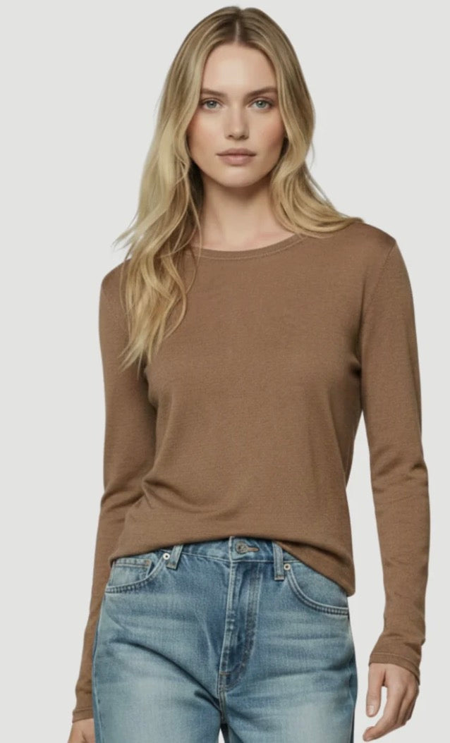 Washable Cashmere Long Sleeve Heaven Knit in Bison and Chocolate