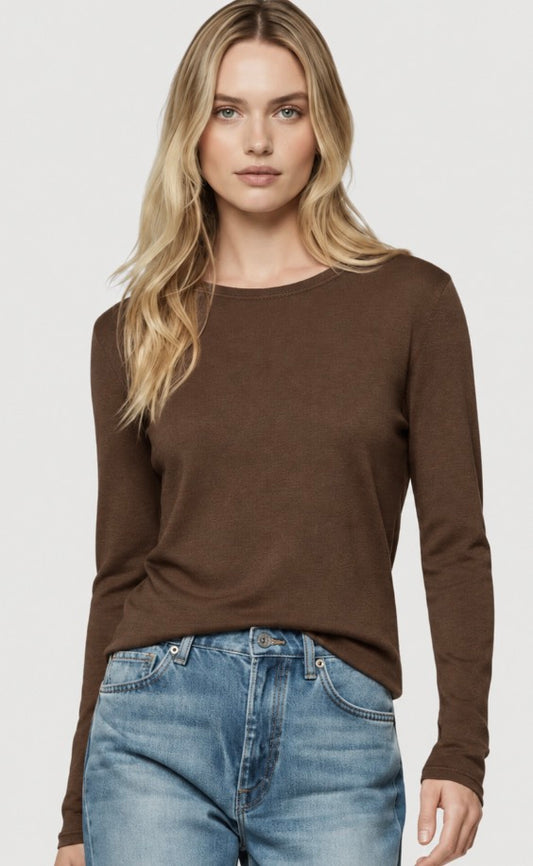Washable Cashmere Long Sleeve Heaven Knit in Bison and Chocolate