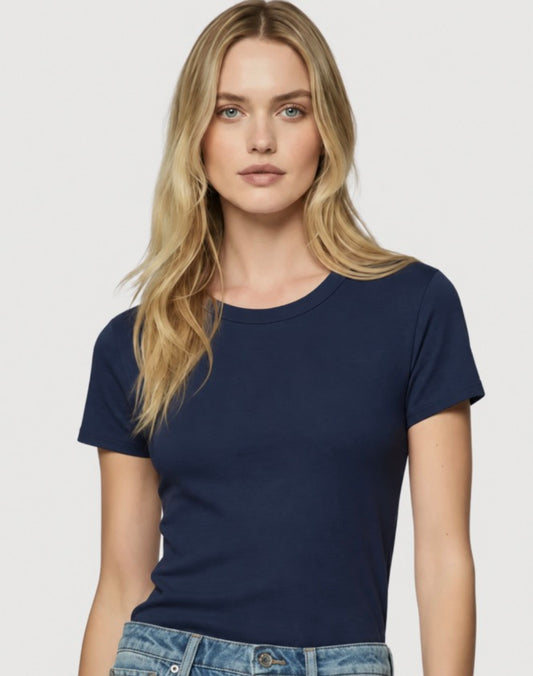 Biba Washable Cashmere Crew Tee in Marine Blue and Charcoal Anthracite